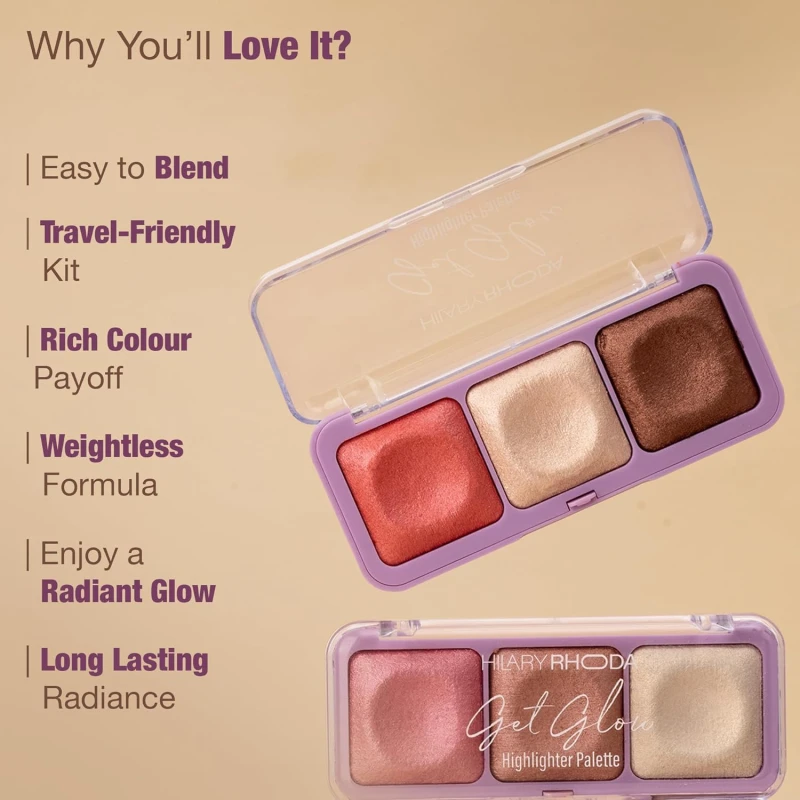 Hilary Rhoda Get Glow Highlighter Palette | Ultra Blendable & Long Lasting | Shimmer Finish & Illuminating Glow | Highly Pigmented & Easy To Blend Shades | 3 Shades in 1 Palette - 15g (Shade - 01) thumbnail 5